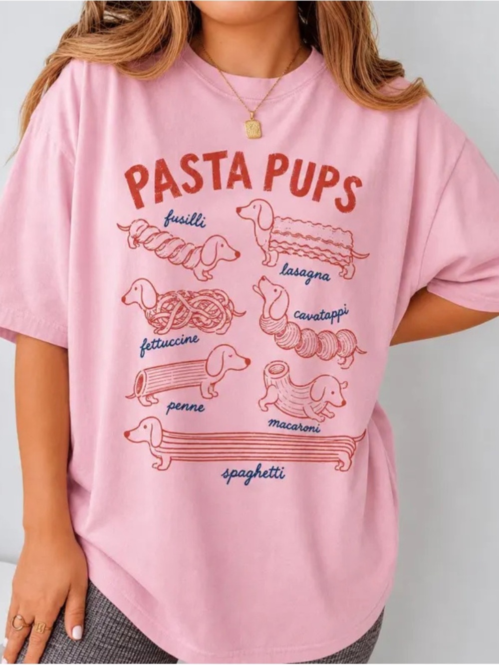 Pasta Pups Graphic Dog T-Shirt, Gildan Pink Dachshund Spaghetti Tee